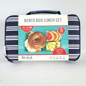 Fit & Fresh Bento Lunch Set 5 Pc Striped w 2 Ice Pack Insulated Zip Bag Navy NEW